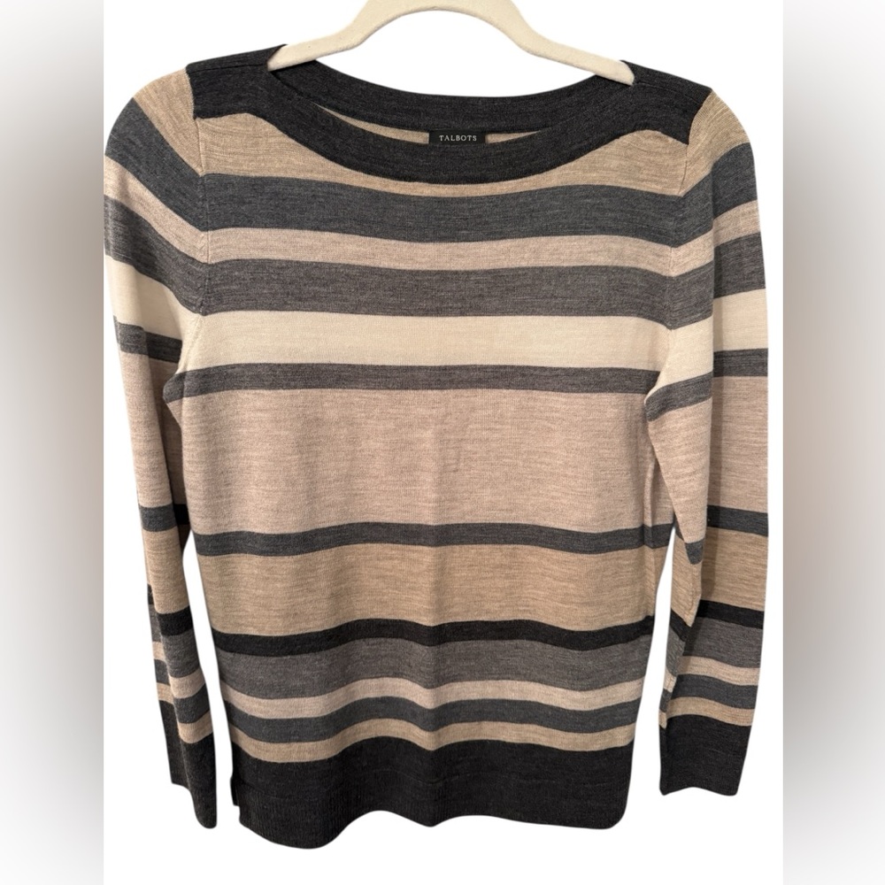 Talbots  Sweater 100% Merino Wool Striped Sweater Gray Taupe Cream Size S